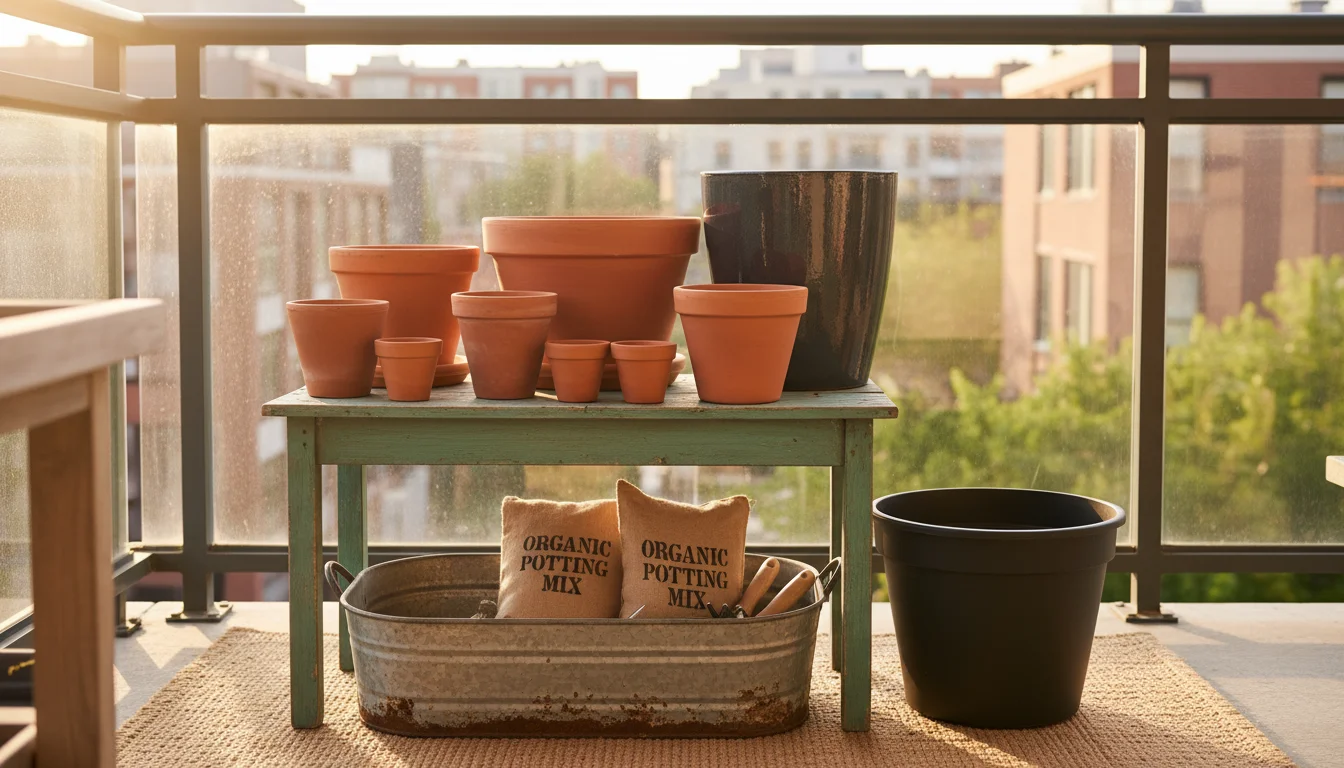 Diverse empty containers – terracotta, glazed ceramic, resin, metal – arranged on a small wooden table on an urban balcony, with potting mix nearby.