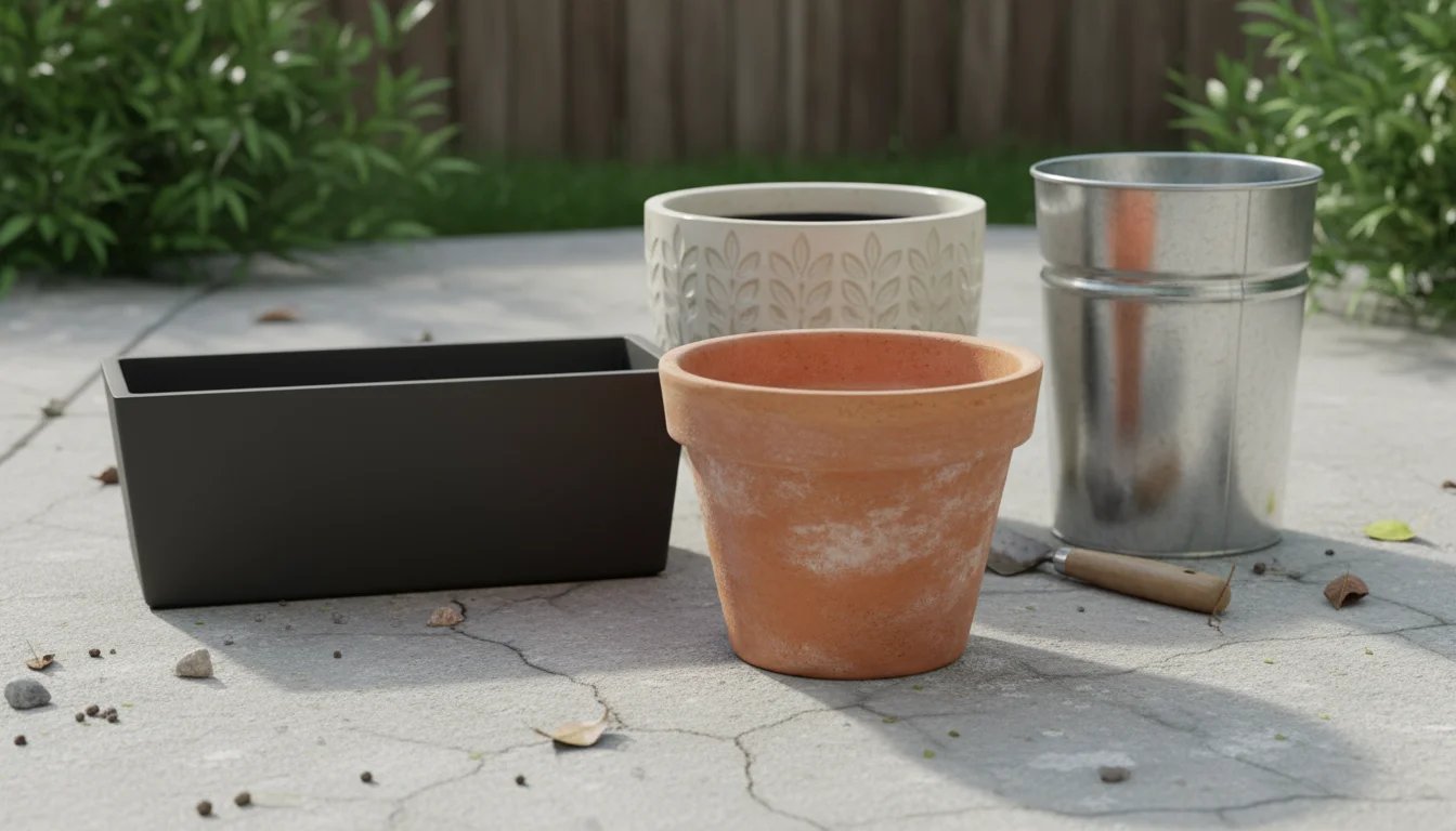 Overhead view of diverse empty gardening containers on a patio: terracotta, recycled plastic, wooden, and insulated metal pots.