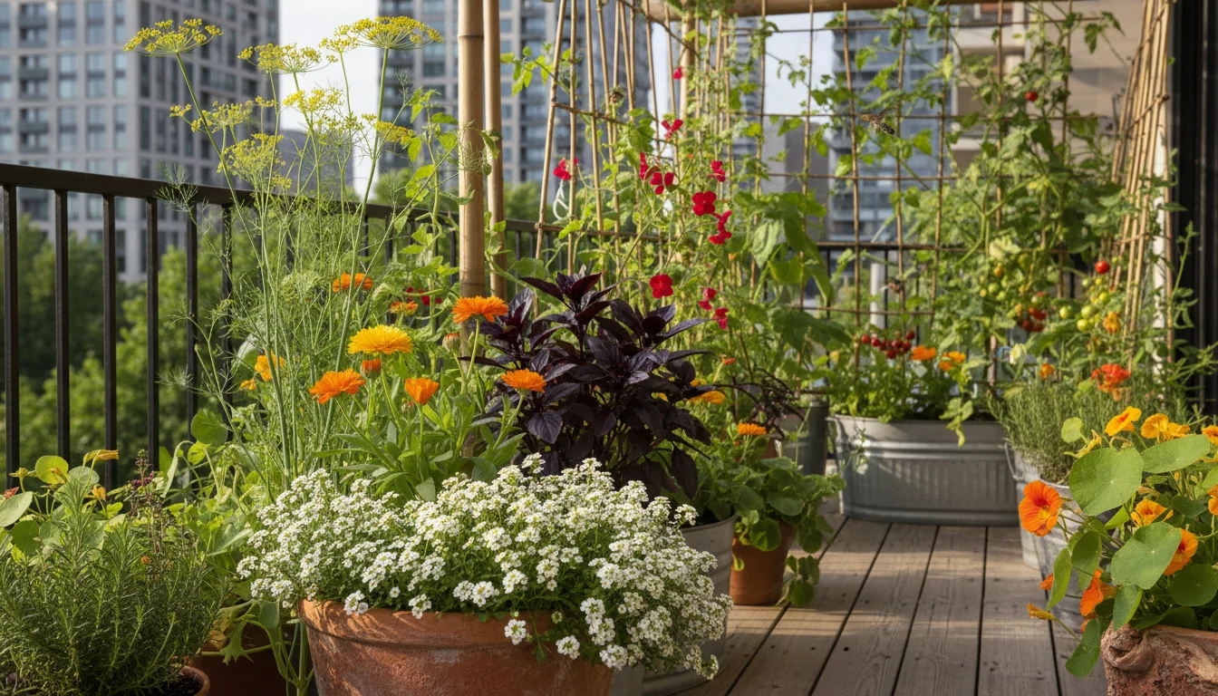 Diverse flowering plants in balcony pots, including white alyssum, yellow dill umbels, and orange marigolds, attracting beneficial insects.