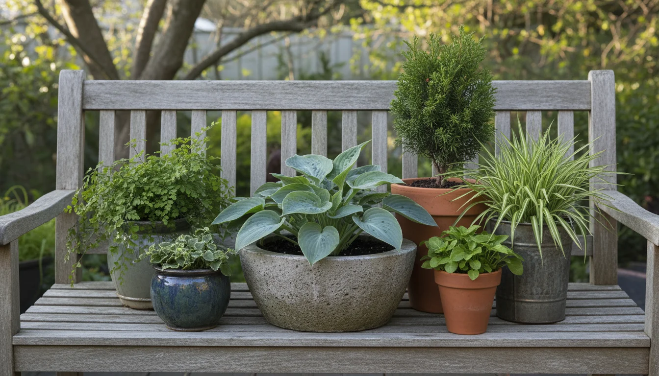 Close-up of diverse foliage plants: Maidenhair fern, hosta, Hinoki cypress, and sedge, artfully arranged in containers on a teak bench.