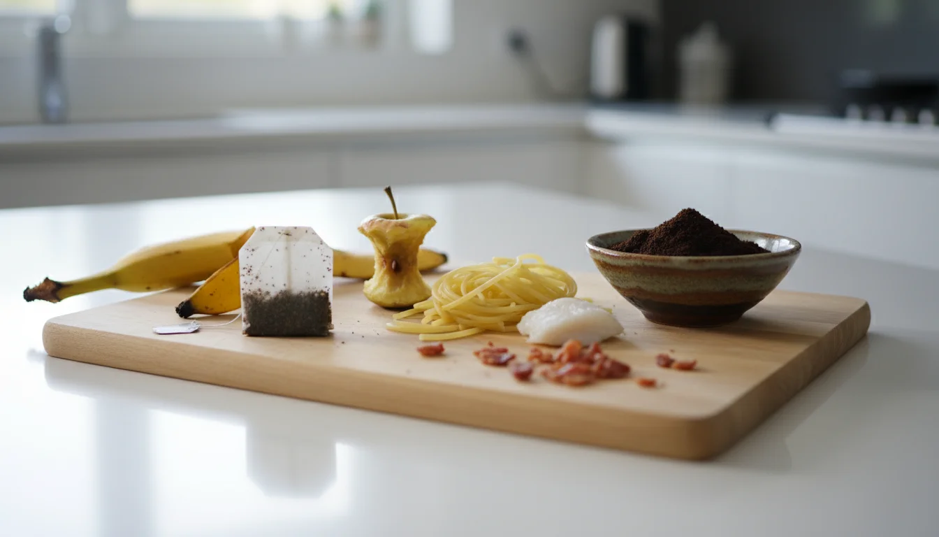 Close-up of diverse food scraps on a cutting board and in a bowl, including fruit/veg peels, cooked pasta, used tea bag, coffee grounds, and a fish fl