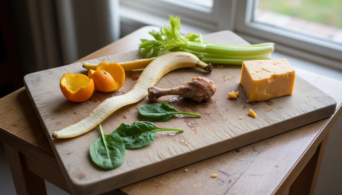 Diverse food scraps including fruit peels, vegetable trimmings, cooked meat, cheese, eggshell, coffee grounds, and pasta, laid out on a wooden board.