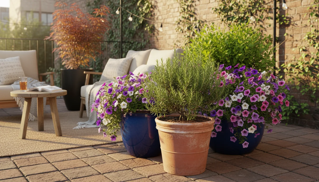 Diverse garden containers – unglazed terracotta, glazed ceramic, light and dark plastic, fabric grow bag – on a sunlit urban patio, showcasing materia