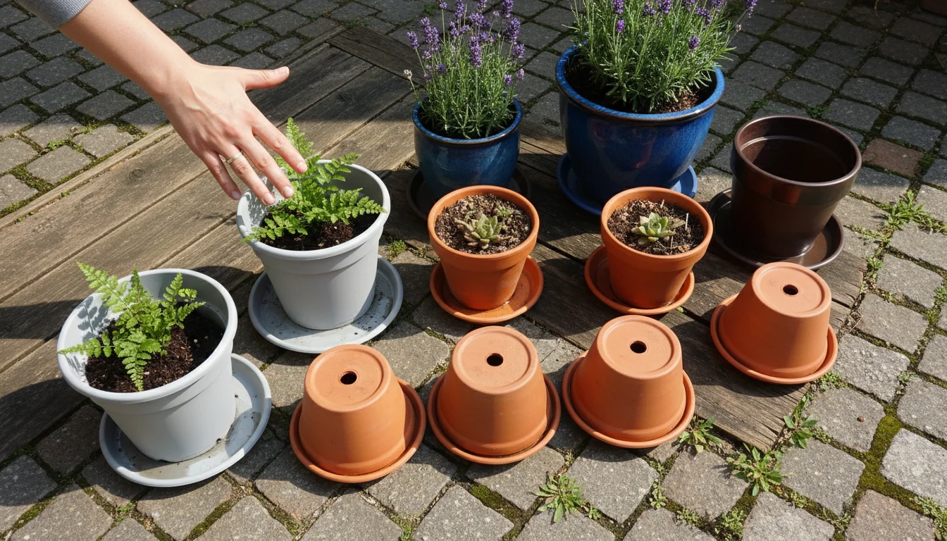 Overhead view of diverse garden pots (plastic, terracotta, glazed ceramic) with visible drainage holes and matching saucers on a patio surface.