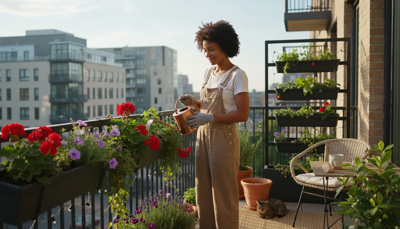 A diverse gardener calmly waters vibrant container plants on a small urban balcony in soft morning light, reflecting a successful routine.