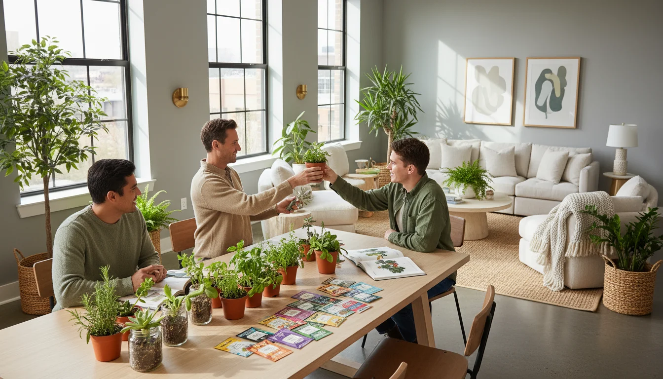 Diverse group of apartment gardeners setting up plant cuttings and seed packets on a communal table in a bright apartment building common room.