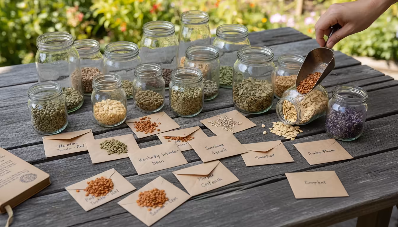 Diverse, hand-labeled seeds in simple paper envelopes and small jars on a rustic patio table, with blurred container plants in the background.