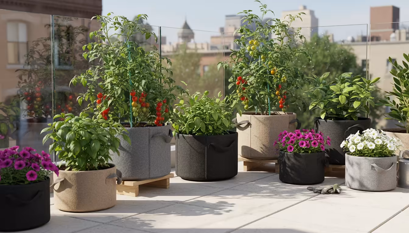 Diverse, healthy plants like tomatoes, basil, and petunias thriving in modern fabric grow bags on a sunny urban patio.