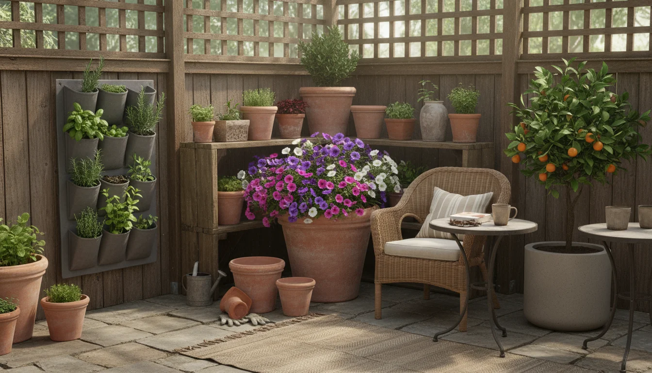 Diverse, healthy potted plants on a small, inviting patio, including vibrant petunias, herbs in a vertical planter, and a dwarf citrus tree.