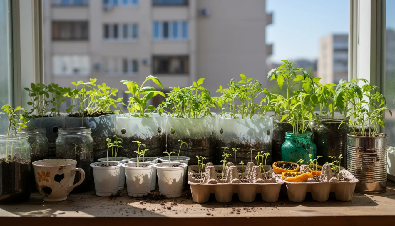 Diverse healthy seedlings thriving in repurposed household containers like plastic milk jugs, yogurt cups, and egg cartons on a sunlit windowsill.