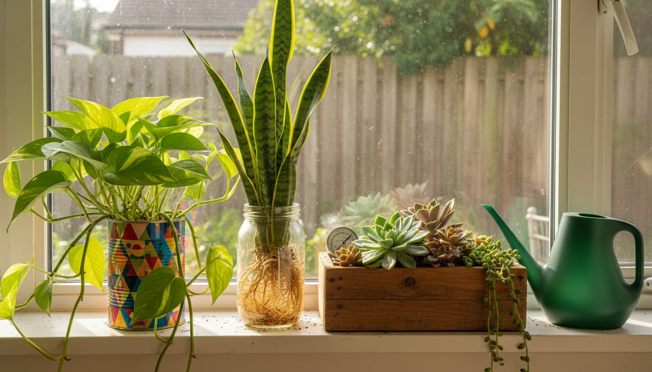 Diverse houseplants in upcycled containers on a sunlit windowsill: Pothos in a tin can, Sansevieria in a glass jar, succulents in a wooden box, with a