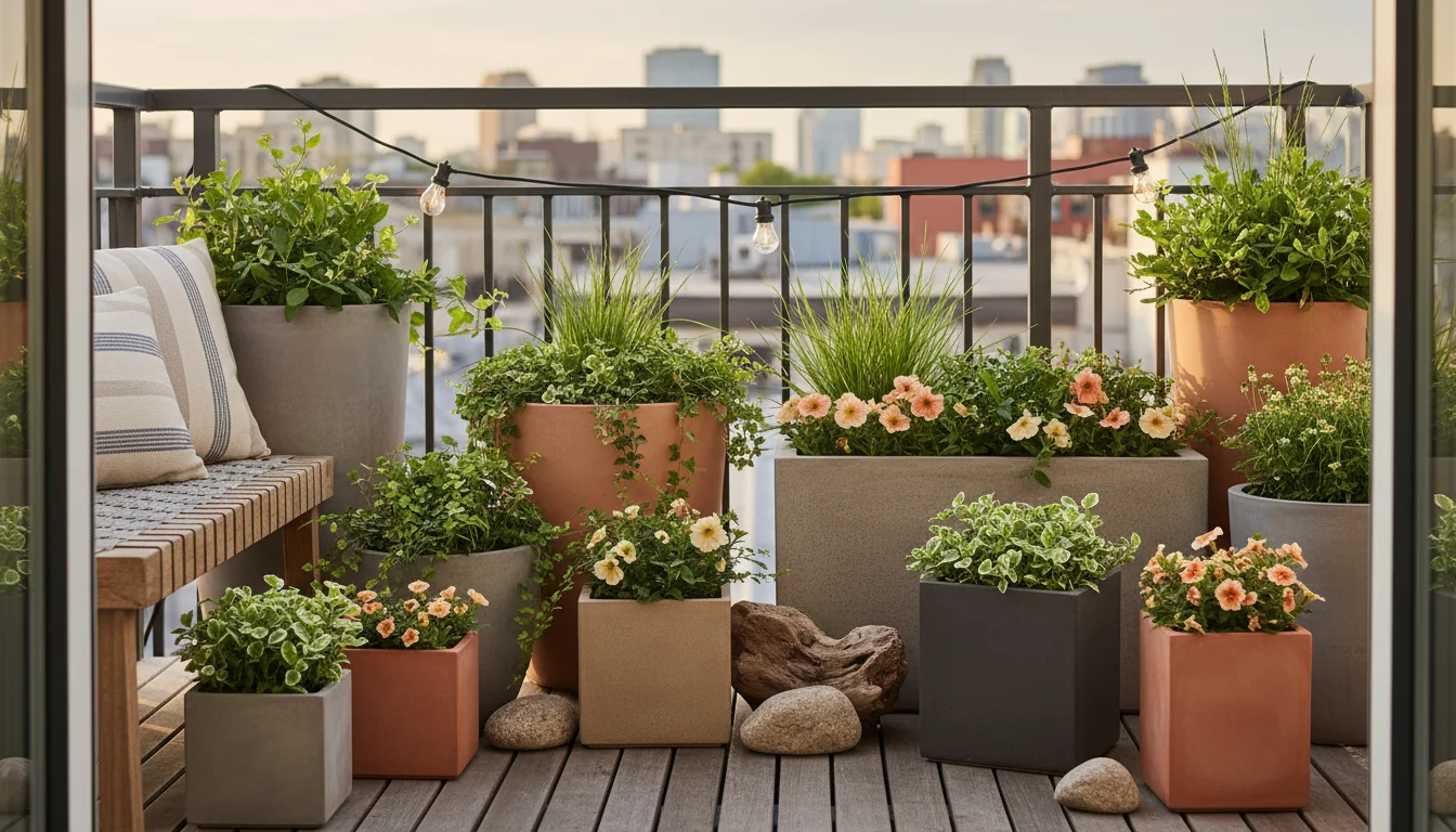 Elevated view of diverse matte gray, beige, and concrete containers holding green plants, artfully arranged on a small wooden balcony deck.