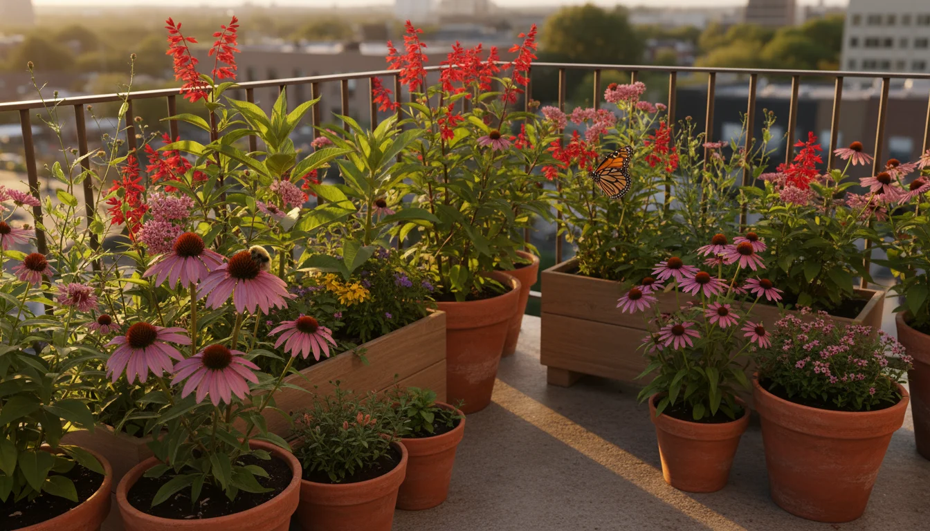 Elevated view of diverse native plants in pots on an urban patio, a bumblebee on a coneflower, and a monarch butterfly near milkweed.