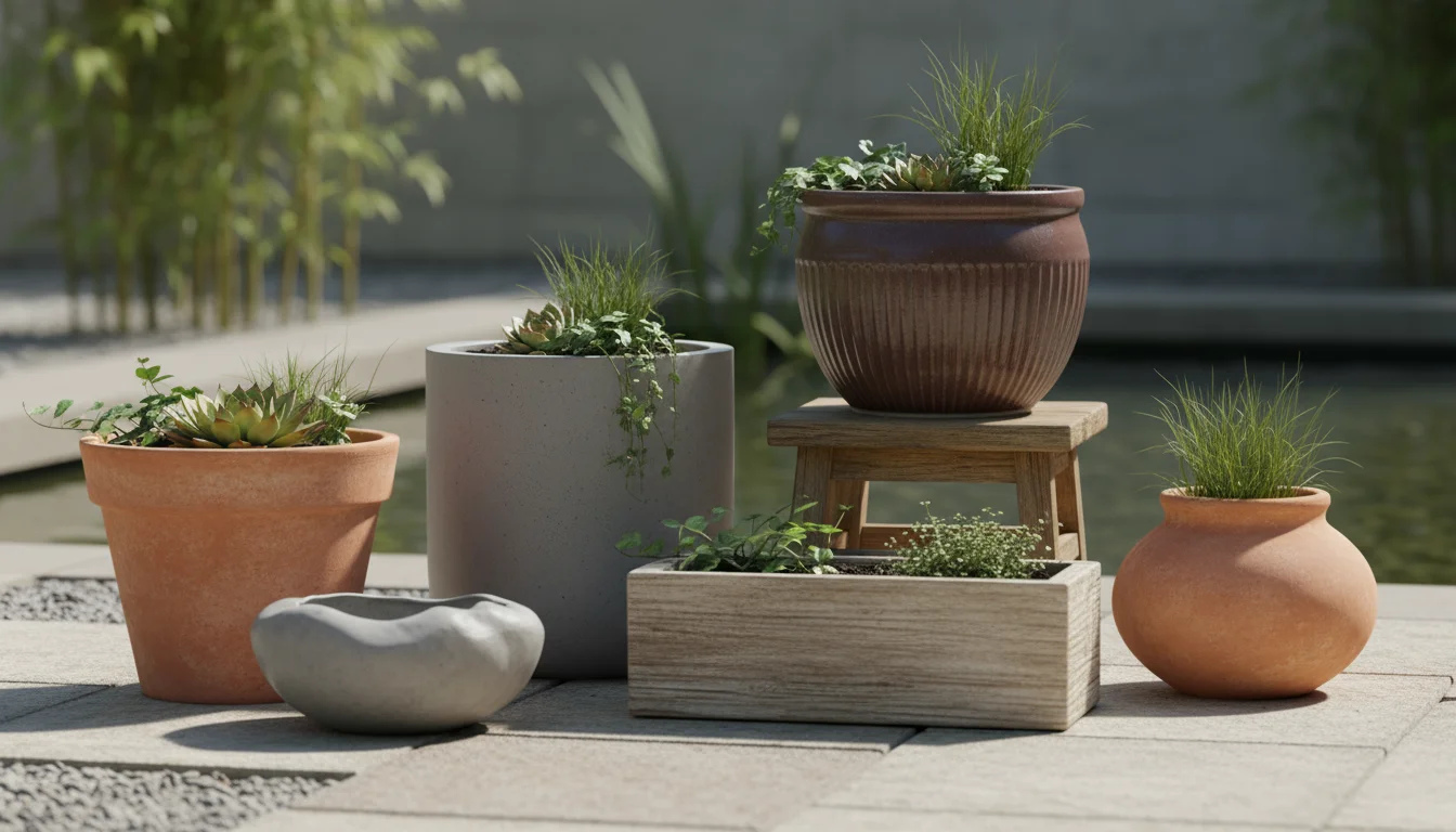 Diverse natural-material containers with Zen plants (maple, moss, bamboo) artfully arranged on a patio, hands adjusting a pot.