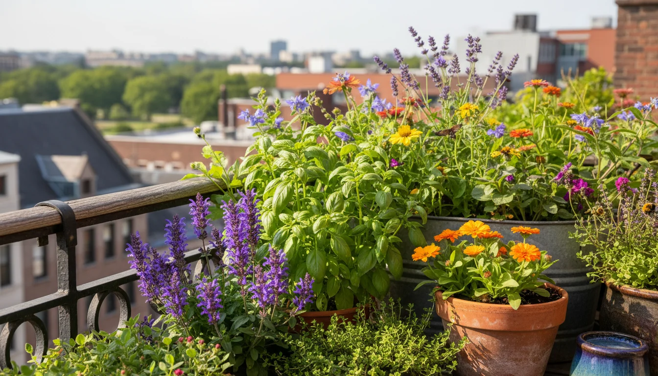 Diverse pollinator-friendly plants in containers on a balcony: purple tubular salvia, bushy basil, trailing thyme, and flat-faced calendula under natu