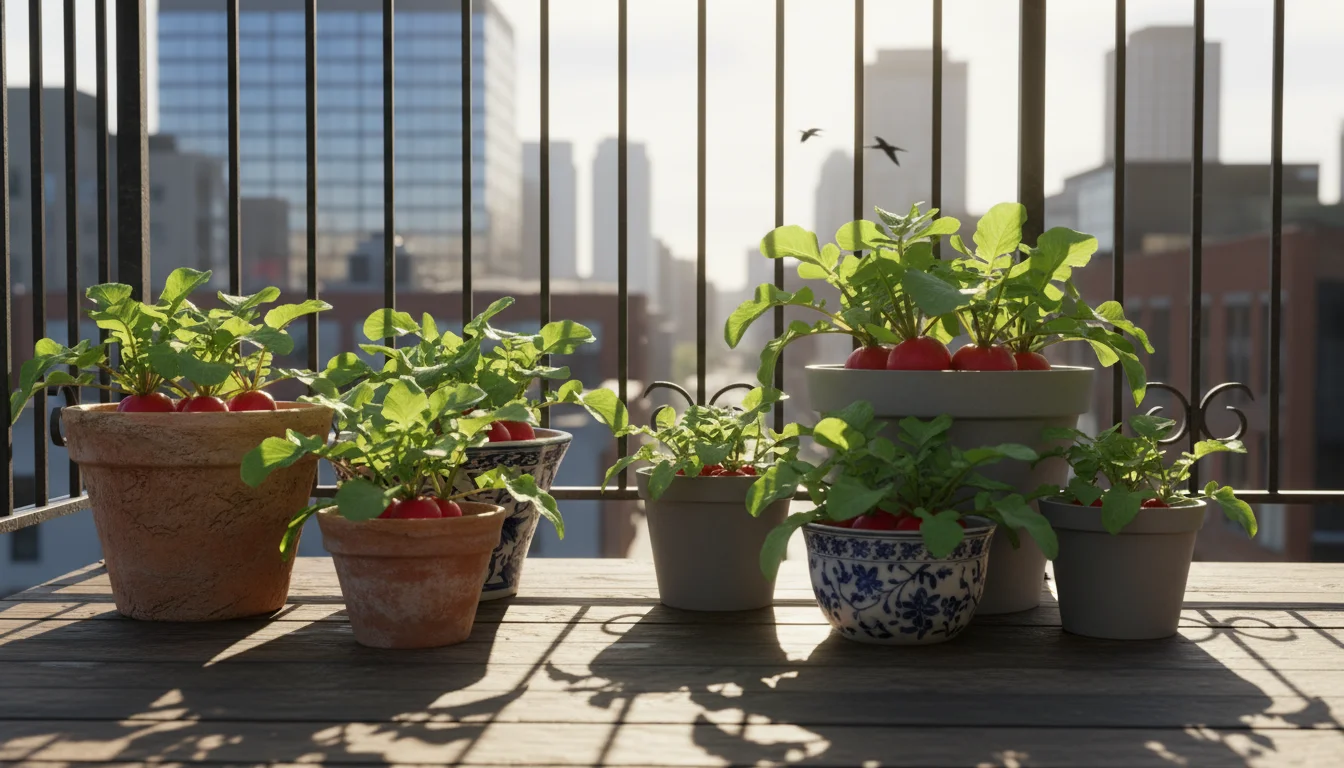 Diverse pots with thriving young radish plants catch strong late afternoon sun on an urban balcony, casting long shadows.