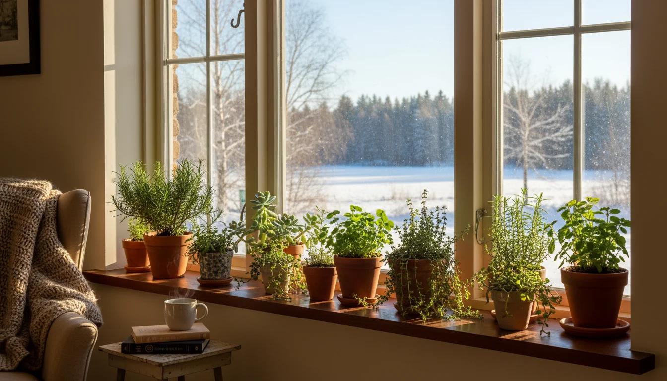 Diverse potted herbs and succulents like rosemary, thyme, and echeveria arranged on a sunny wooden windowsill indoors.