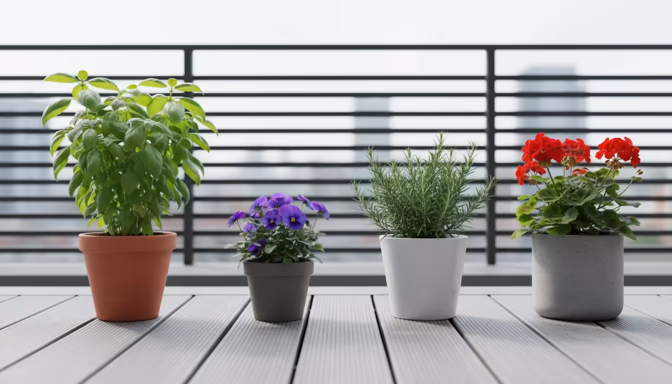 Eye-level view of 4-5 diverse potted plants on a balcony deck, intentionally spaced with clear gaps for air circulation.