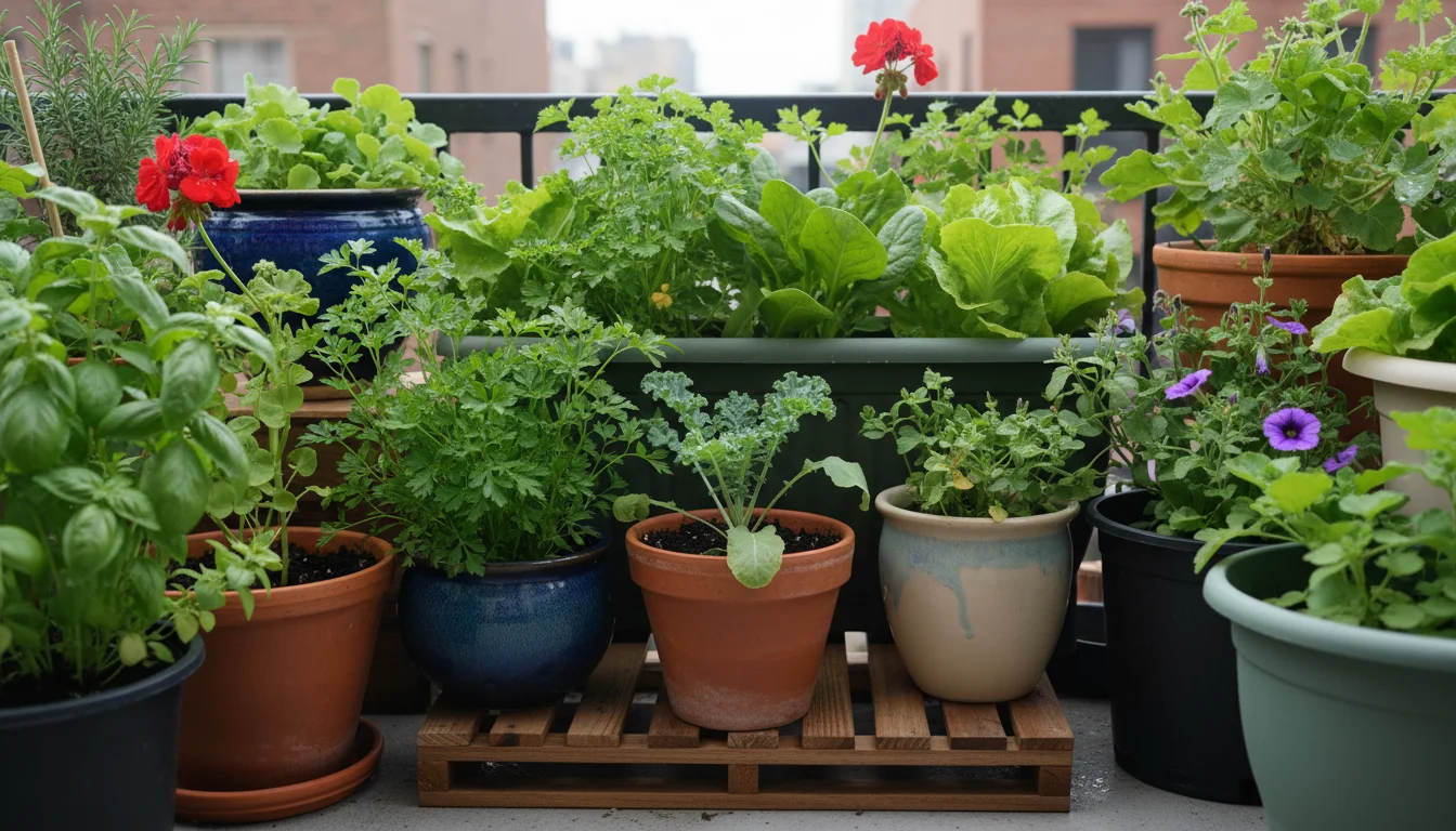 A slightly elevated eye-level view of diverse potted plants grouped tightly on an urban balcony, with subtle signs of dry soil or wilting.