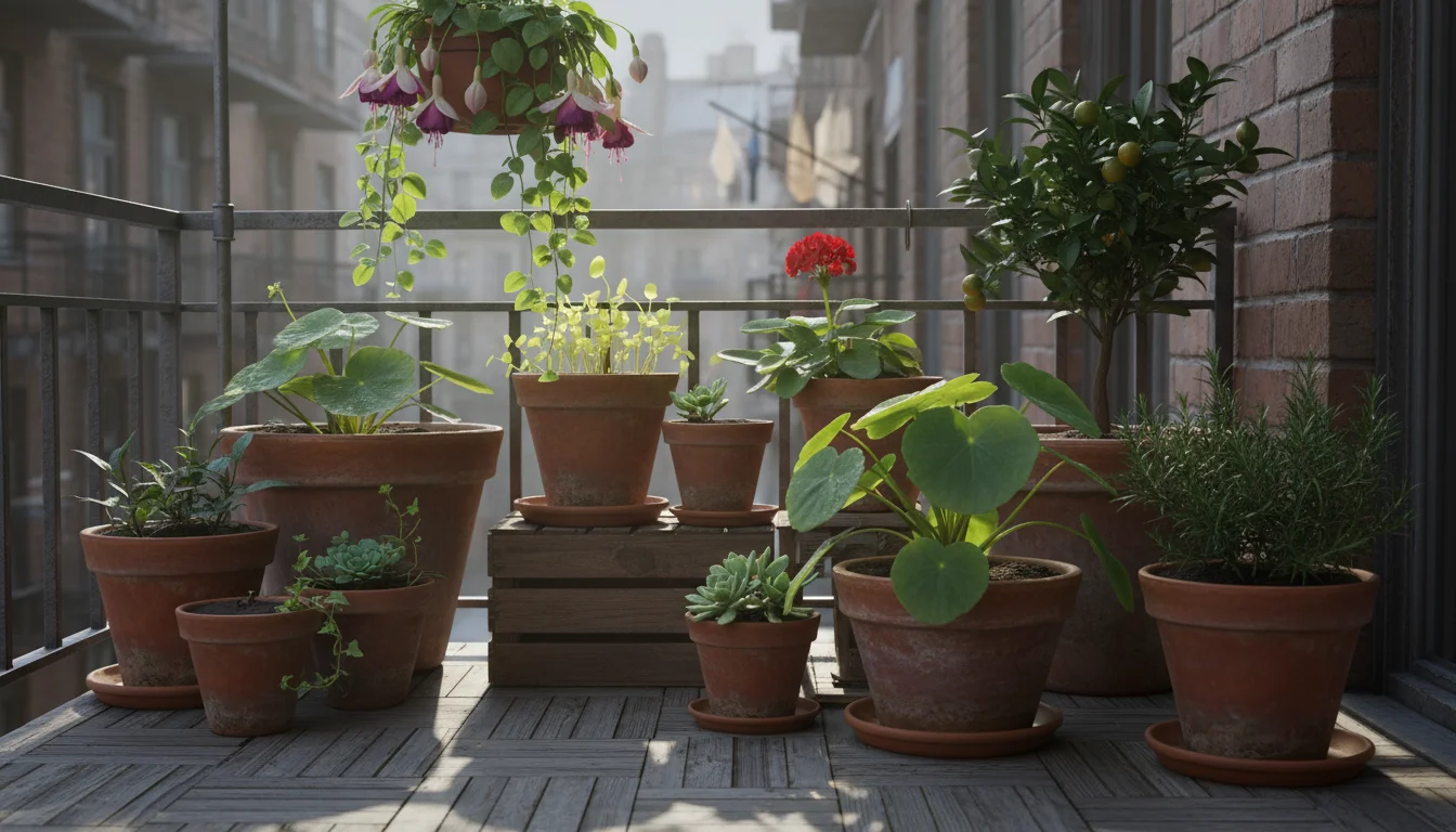 Diverse potted plants on a shaded urban patio, with new green shoots emerging and a watering can nearby.