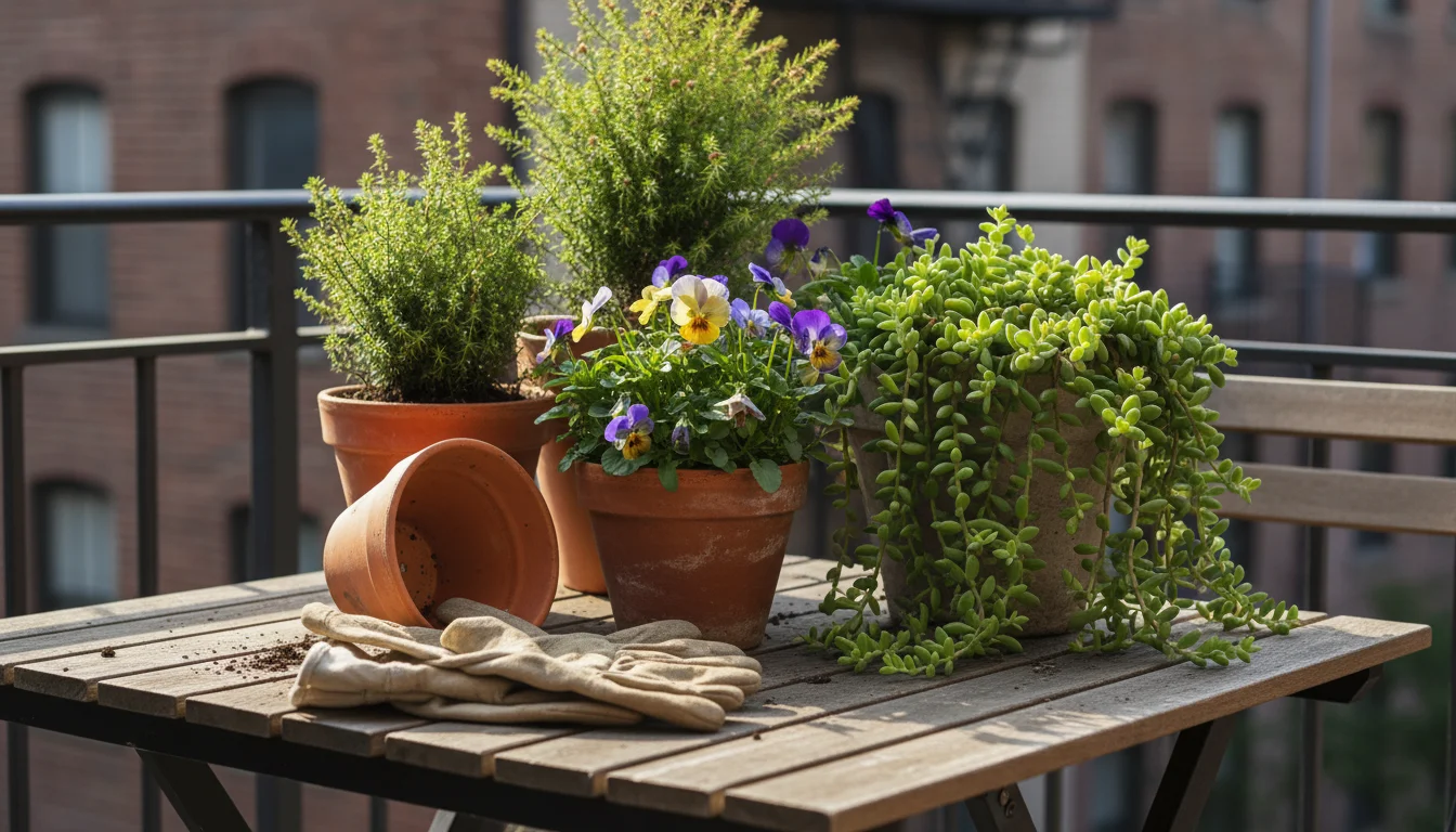 Diverse small potted plants on a patio table, including an evergreen, pansies, and sedum, with an empty pot and gloves.