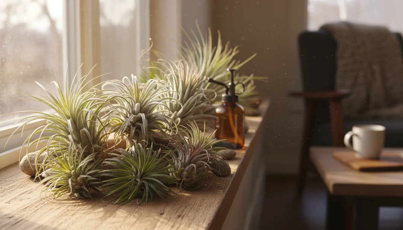 Diverse Tillandsia air plants on a sunlit wooden windowsill, some appearing slightly dry, others vibrant, in a cozy indoor setting.