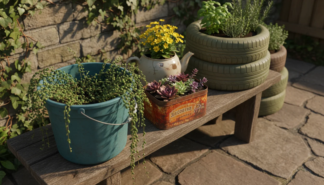 A close-up, slightly overhead shot of diverse upcycled garden containers: a blue plastic bucket, rusty metal tin, green-washed wooden crate, and jute-