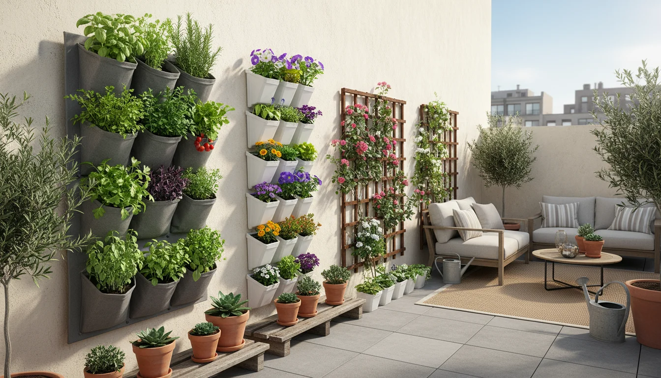 Diverse vertical garden systems: a fabric pocket planter with herbs, a modular plastic wall system with flowers, and a terracotta stacking strawberry