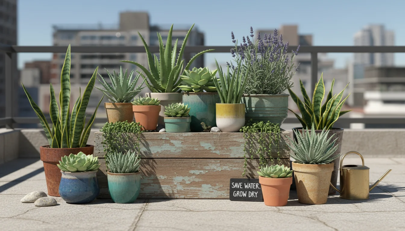 Diverse water-wise plants including Sansevieria, Echeveria succulents, rosemary, and Aloe Vera thrive in various pots on an urban balcony.