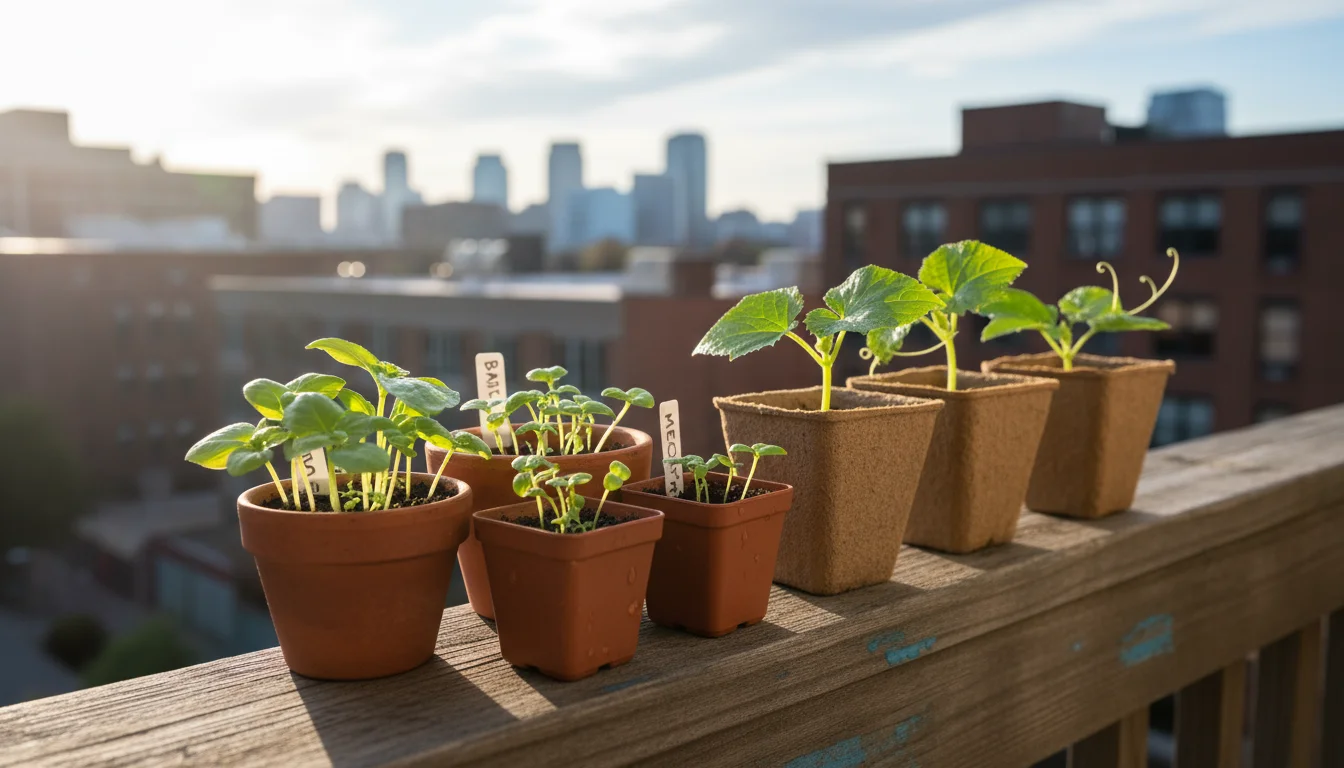 Diverse young seedlings including basil, cucumber, melon, zinnia, and marigold in small pots on an urban balcony railing.