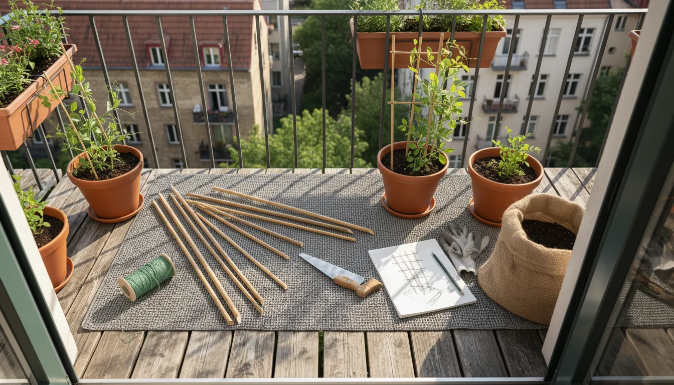 Overhead view of DIY balcony trellis materials – bamboo canes, twine, pruners, tape measure, pencil, zip ties – neatly arranged on a grey mat on a bal