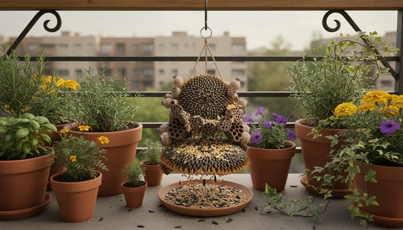 A DIY bird feeder, crafted from dried sunflower heads and full of seeds, hangs peacefully on a well-tended urban balcony among green potted plants.