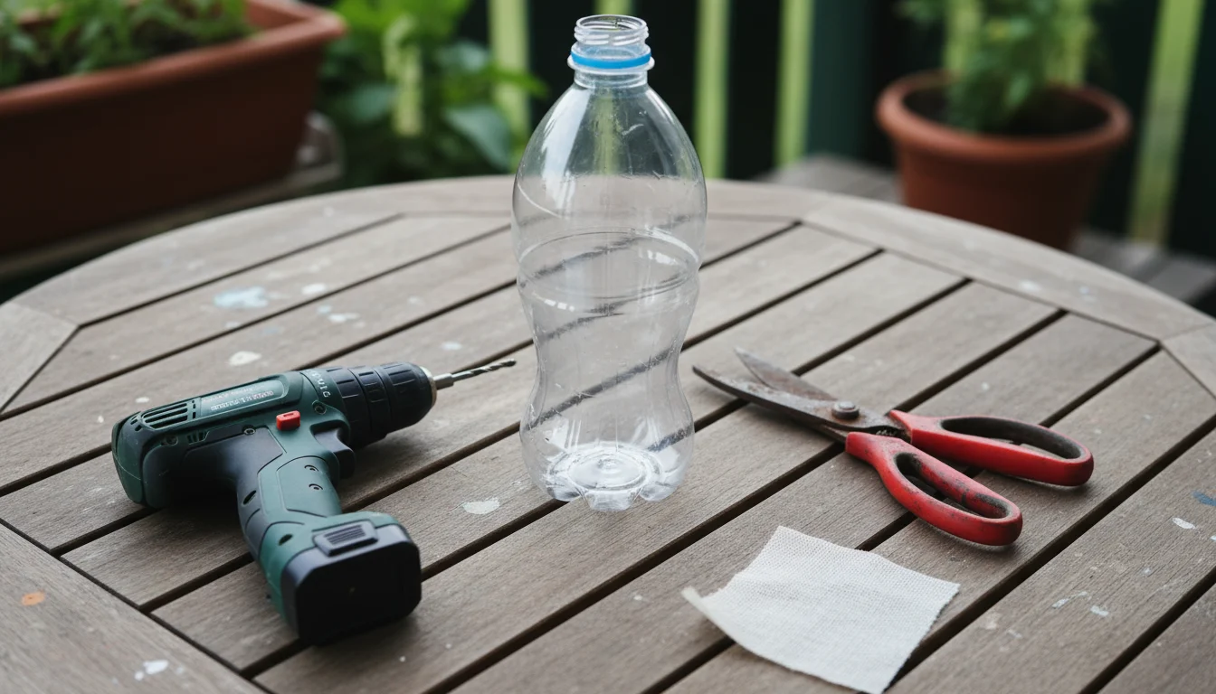 DIY drip waterer materials: plastic bottle, cordless drill with tiny bit, gardening scissors, and landscape fabric, on a wooden table.