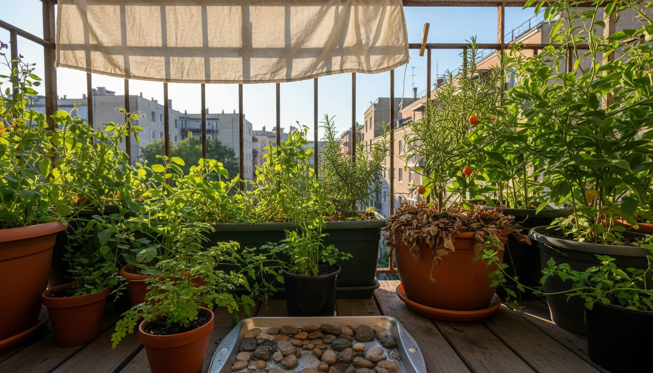 DIY heatwave solutions on an urban balcony: repurposed cookie sheet with pebbles for humidity, old bed sheet for shade over potted plants.