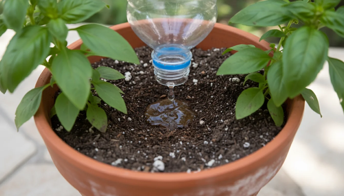 Close-up of a DIY plastic bottle drip system watering a terracotta pot, showing a moist patch on the soil surface from a single water droplet.