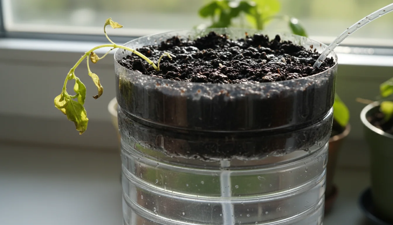 Close-up of a clear DIY self-watering container showing waterlogged, compacted soil, a wilting basil plant, and no overflow holes.