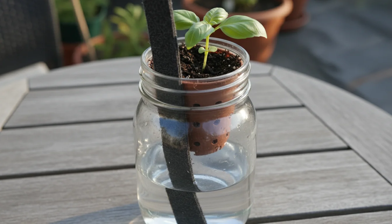 Close-up of a DIY self-watering jar: clear jar with water, wicking fabric, soil, and a basil seedling demonstrating capillary action.