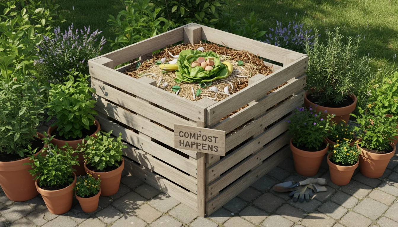 A DIY static compost bin made from light wooden pallets sits on a paver patio, surrounded by potted plants, with an aerator leaning against it.