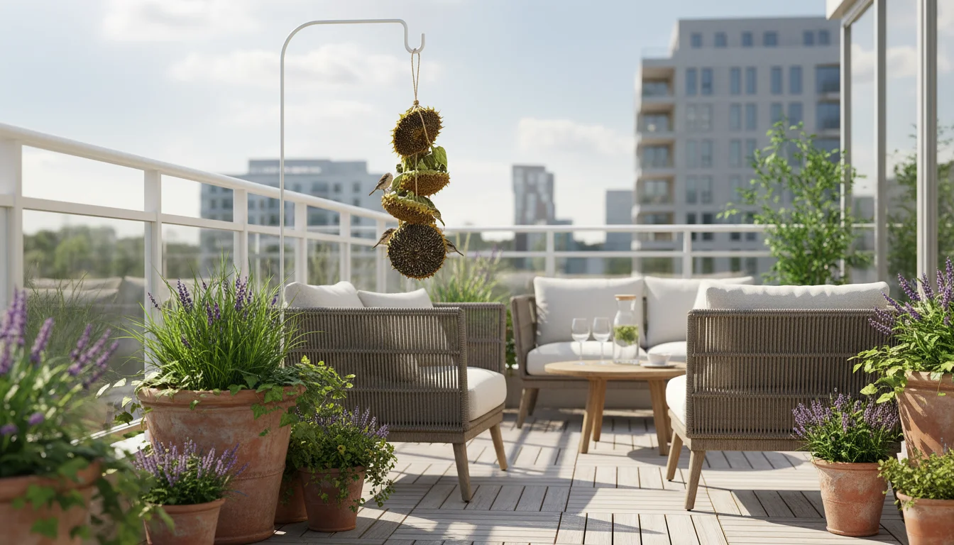 A DIY sunflower head bird feeder hangs visibly from a balcony railing hook, with container plants and a person's hand holding a teacup in view.
