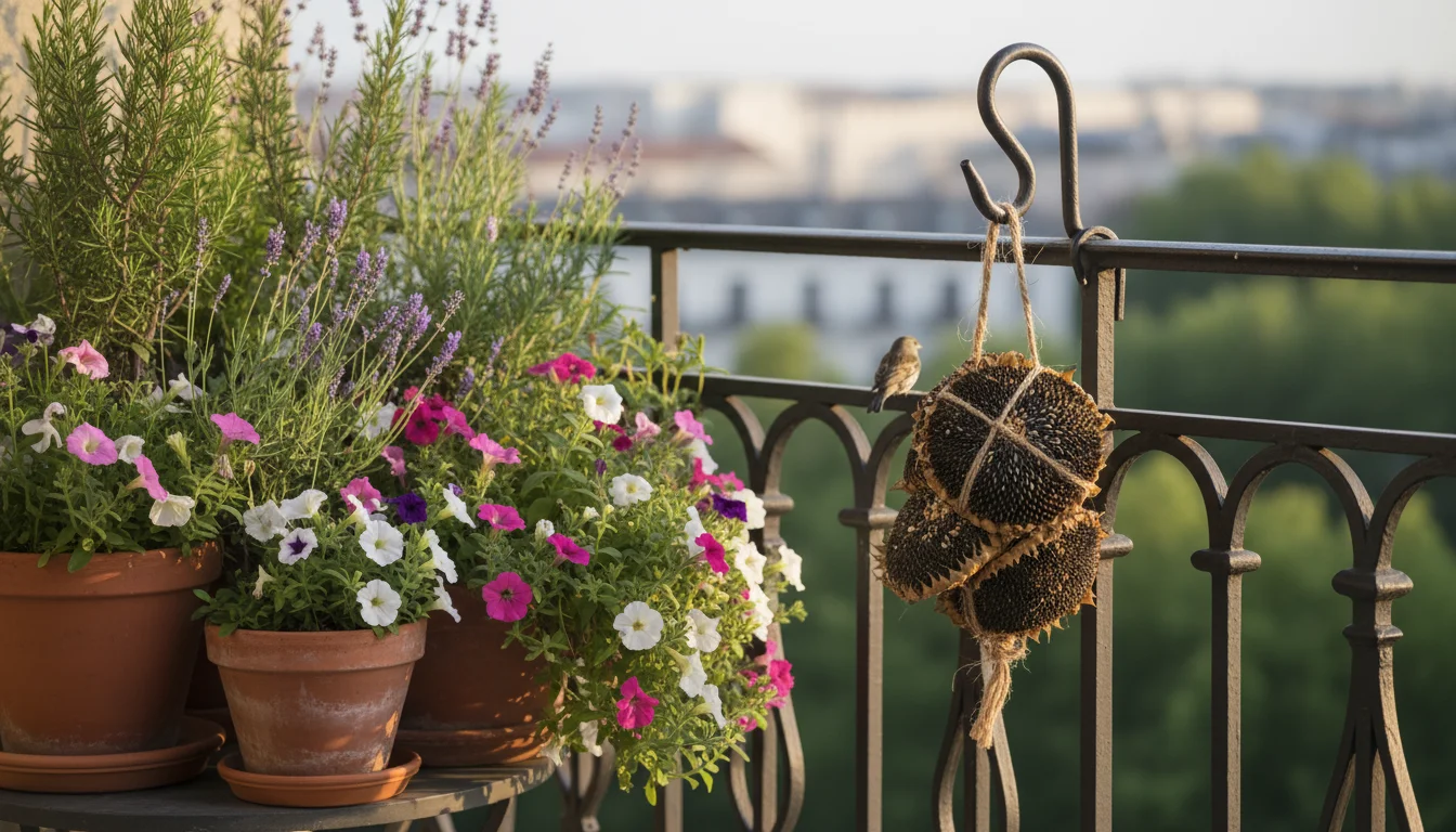DIY sunflower seed head bird feeder securely hung on a balcony railing, surrounded by potted herbs and flowers, with city buildings in background.