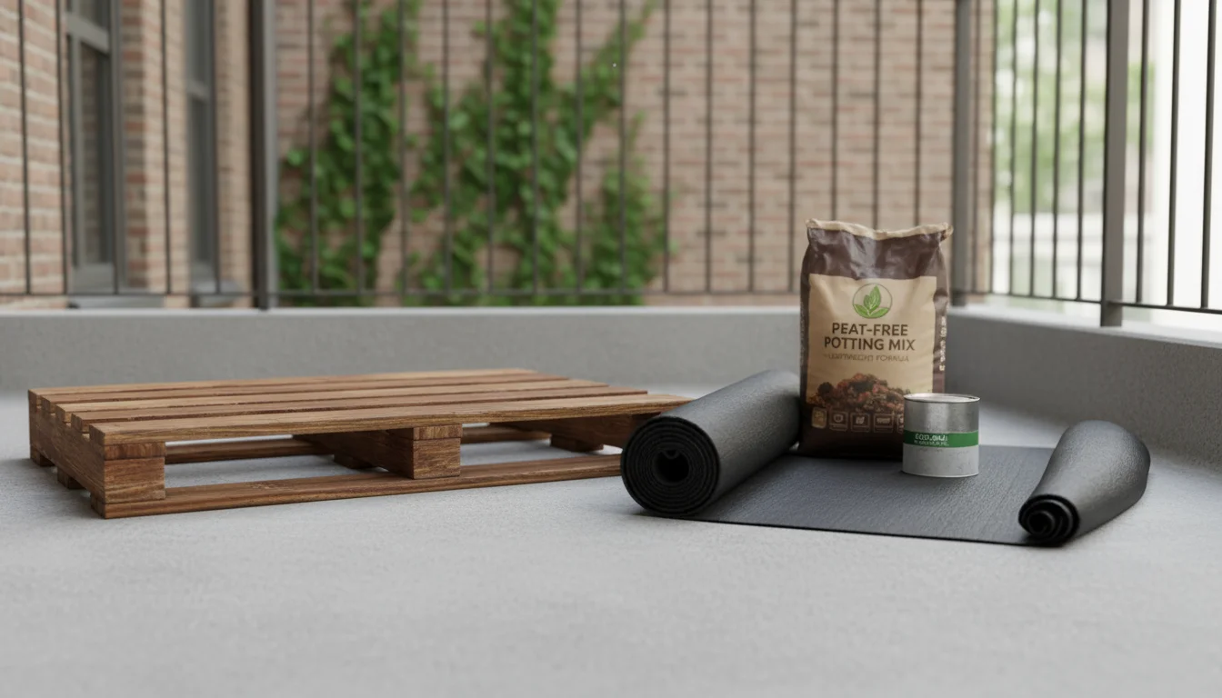 DIY vertical pallet garden materials on a patio: a wooden pallet, landscaping fabric, potting mix, wood sealer, and a person's hands.
