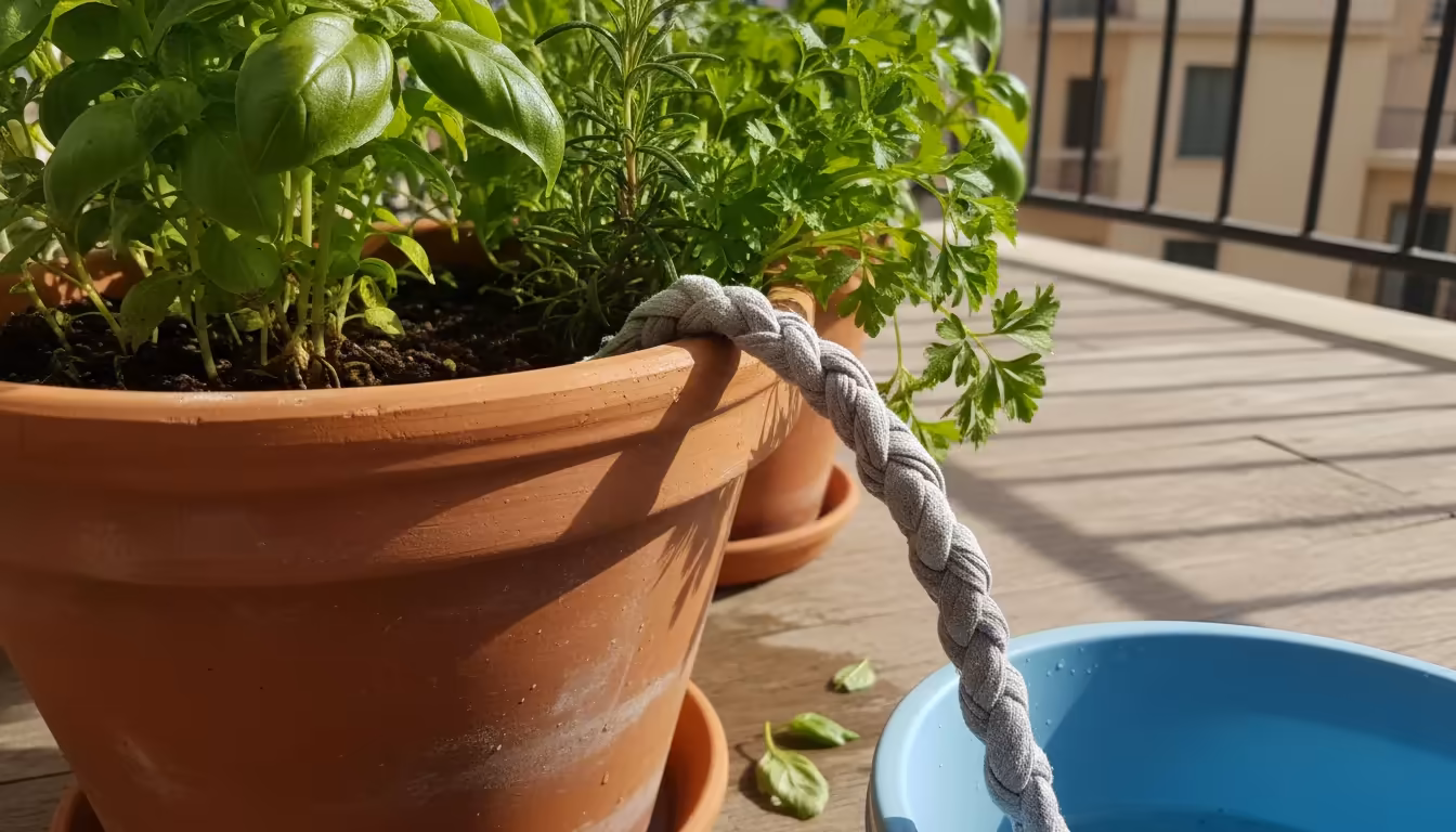 Close-up of a DIY wicking system on a balcony, showing a damp cotton rope connecting a terracotta pot of lush herbs to a plastic bin reservoir elevate