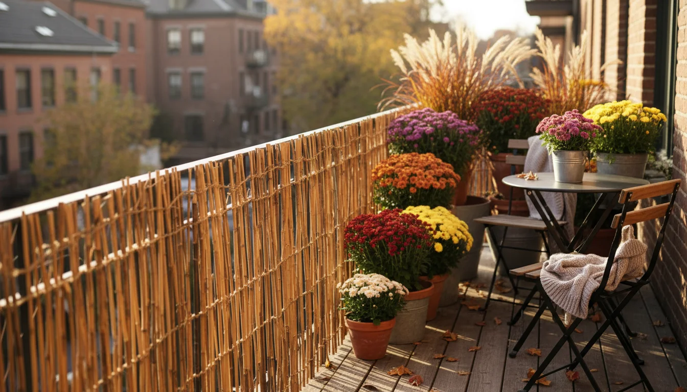 A DIY windbreak woven from natural bamboo stakes protects vibrant fall container plants on a small, sunny urban balcony.