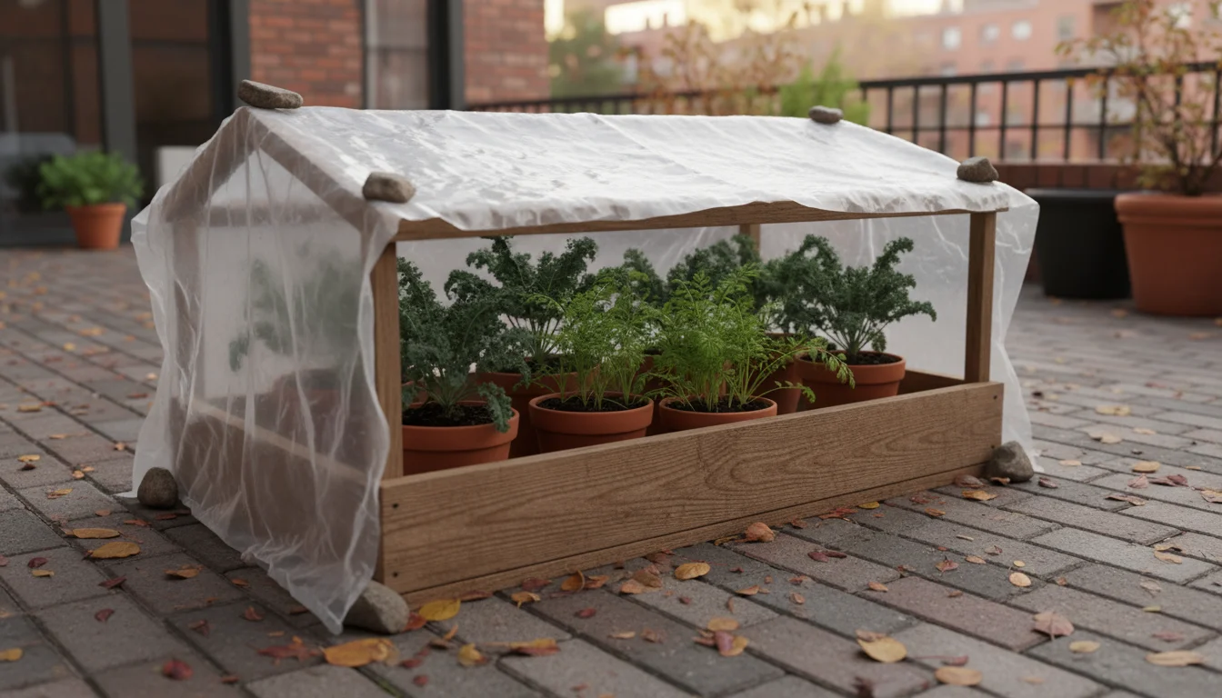A DIY wooden cold frame with a clear plastic lid covers potted kale and carrots on an urban patio, extending the growing season.