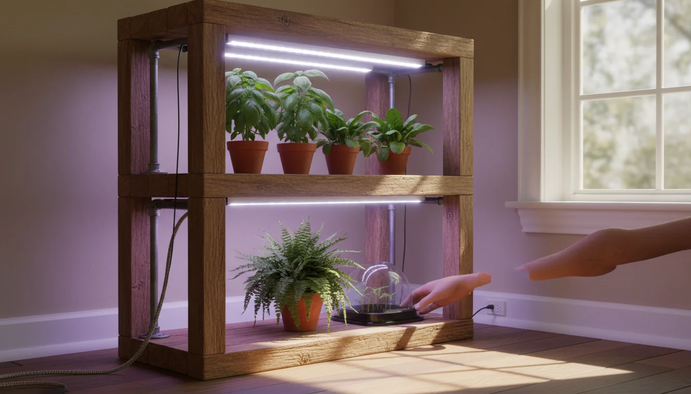DIY wooden grow light shelf in a home corner, holding thriving basil, spinach, and a fern, with a hand adjusting a humidity dome.