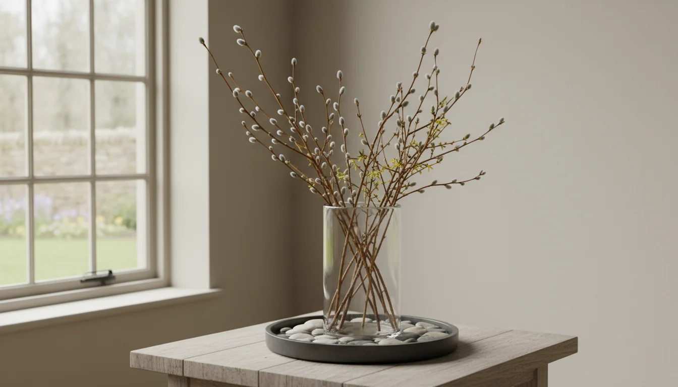 Dormant branches in a glass vase on a pebble tray on a wooden table, with a spray bottle nearby.