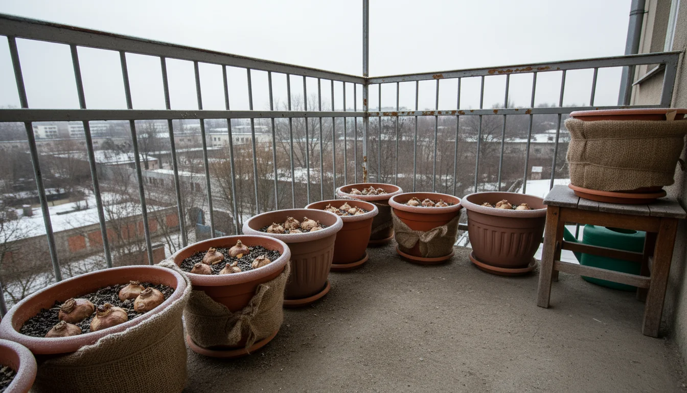 Dormant bulb pots clustered and partially insulated on a frost-dusted balcony floor in winter.