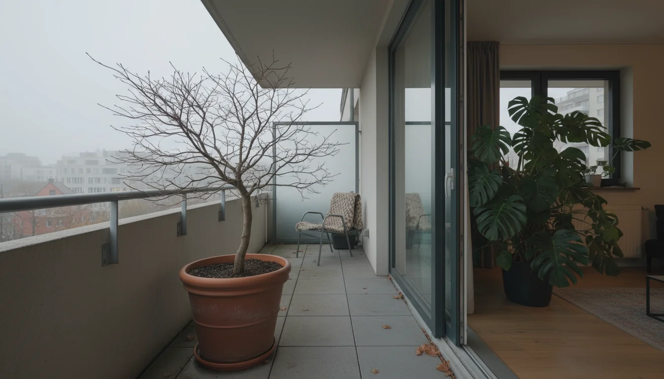 A dormant deciduous tree in a pot on an urban balcony, with a vibrant tropical houseplant visible through an open glass door.