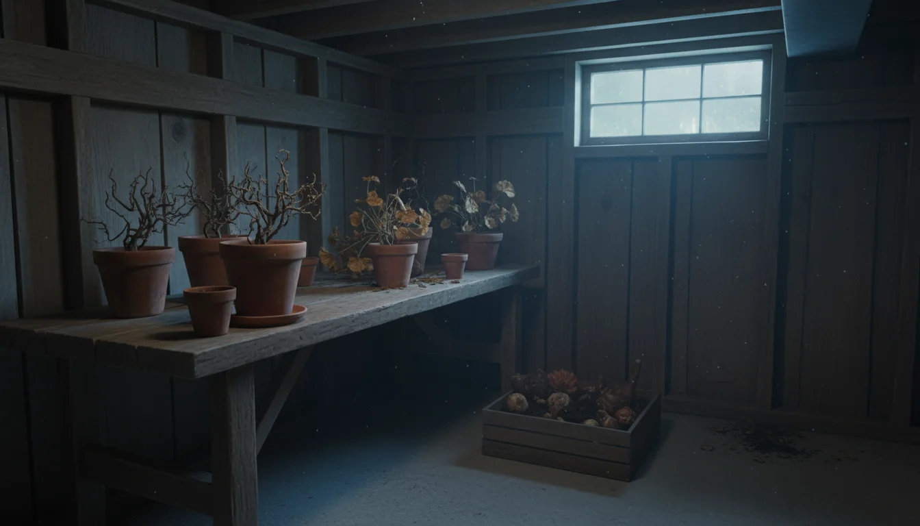 Dormant fuchsia and geranium plants in terracotta pots, alongside canna and dahlia tubers in peat moss, stored in a cool, dimly lit corner.