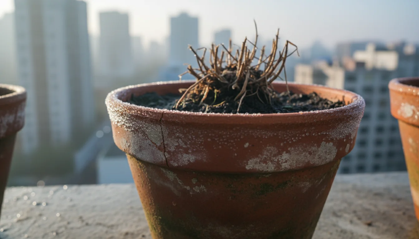 Dormant perennial plant in a weathered terracotta pot on an urban balcony, showing dried stalks and soil, with delicate dew.